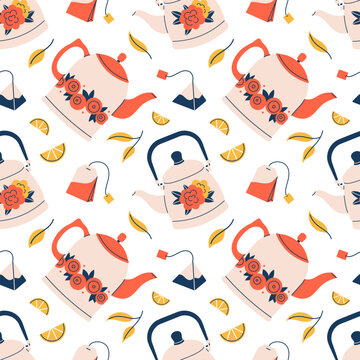 Vector trendy tea time seamless pattern. Cozy background with tea kettles, tea bags, leaves and lemons. Pattern in red, yellow and dark blue colors. Wrapping or textile design.