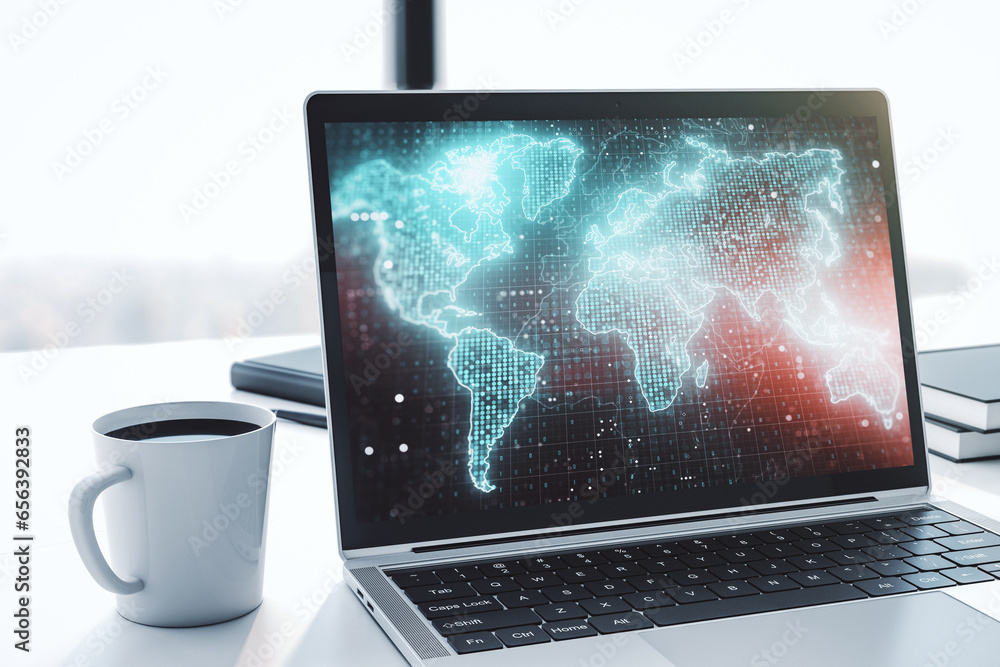 Leinwandbilder computer monitor with abstract creative digital world map, globalization concept. 3d rendering