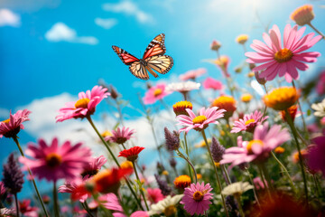 Field with colorful blooming wild spring flowers and butterfly.