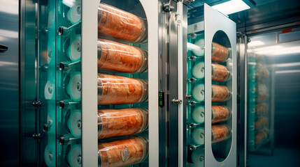 Futuristic laboratory with a cultured meat in a big fridges. - obrazy, fototapety, plakaty