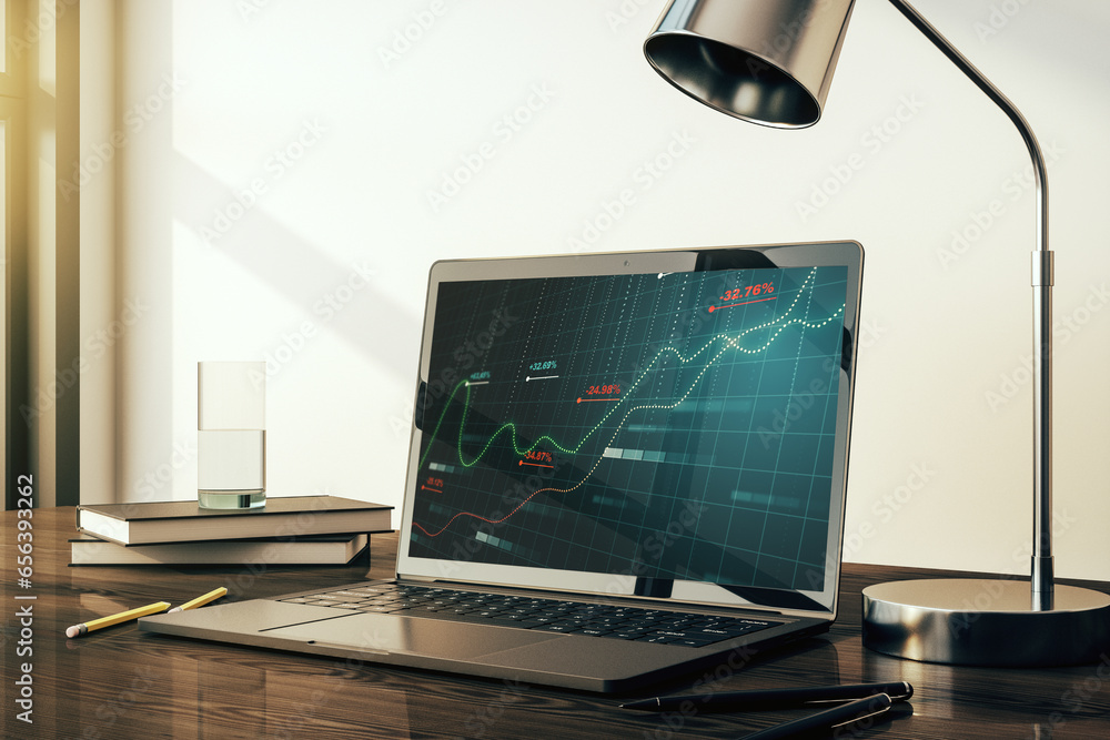 Poster stats data illustration on modern laptop monitor, computing and analytics concept. 3d rendering