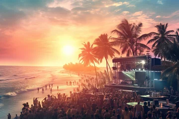  Party on the beach. Dj mixing outdoor at beach party festival with crowd of people in background. Disc jockey playing music on beach. Event, music and fun concept © arhendrix