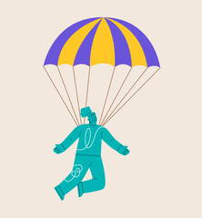 Woman descends by parachute. Colorful vector illustration