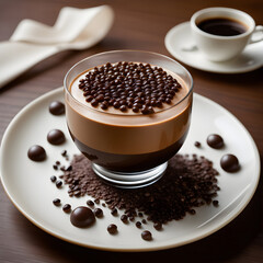 Naklejka premium a luscious coffee-infused mousse coated in cocoa nibs, topped with a shimmering layer of espresso gelee. Ai generative