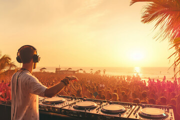 Party on the beach. Dj mixing outdoor at beach party festival with crowd of people in background. Disc jockey playing music on beach. Event, music and fun concept - obrazy, fototapety, plakaty