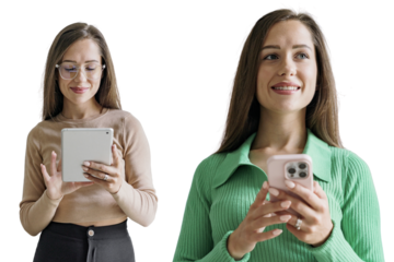 A beautiful young woman uses a tablet and a phone in an office employee modern business clothes. Transparent isolated background.