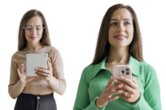 A beautiful young woman uses a tablet and a phone in an office employee modern business clothes. Transparent isolated background.