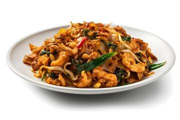 Char kway teow with basil on white background, food photography