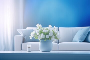 Modern blue living room design with sofa and furniture. Blurred bright living room with sofa and flowers. wide panorama, use for background.
