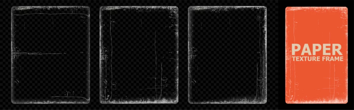 Realistic overlay of paper texture with uneven edges and scratches for the design of retro vinyl album cover. Dirt and dust photo texture graphic filter set. Overlay stamps collection, vintage effect.