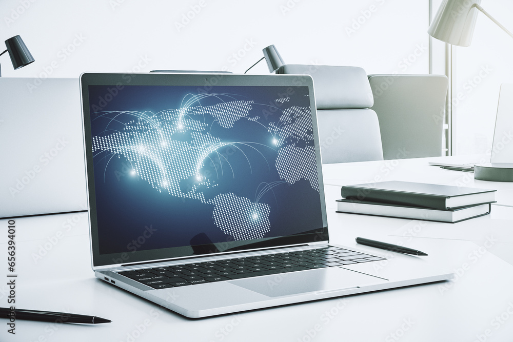 Leinwandbilder modern computer monitor with abstract digital world map with connections, research and strategy conc