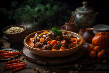 Chinese Braised Lamb Casserole in clay pot on dark wooden background, food photography, product presentation, product display, banner background