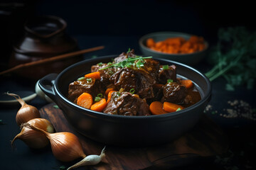Chinese Braised Lamb Casserole in clay pot on dark wooden background, food photography, product presentation, product display, banner background