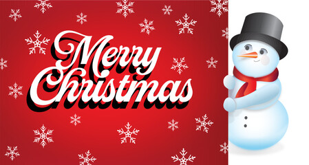 Fototapeta na wymiar Merry Christmas Card Design with Snowman and Snowflakes for Web Banner