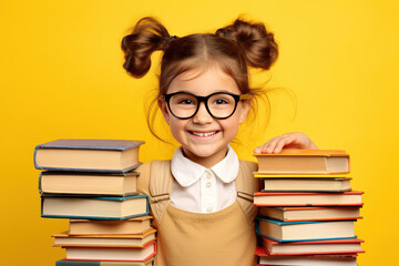 funny smiling child school girl with glasses hold books. Yellow background, Back to school