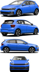 Vector Realistic Blue Car with gradients and transparency, in front, back and side view, manually traced.