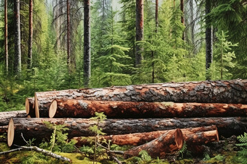 Forest pine and spruce trees. Log trunks pile, the logging timber wood industry. Wide banner or panorama wooden trunks