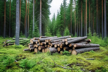 Forest pine and spruce trees. Log trunks pile, the logging timber wood industry. Wide banner or panorama wooden trunks - obrazy, fototapety, plakaty