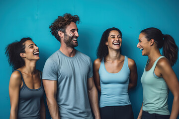 Fitness, laughing and friends at the gym for training, pilates class and happy for exercise at a club. Smile, sport in a group for a workout, cardio or yoga on a studio wall, - obrazy, fototapety, plakaty