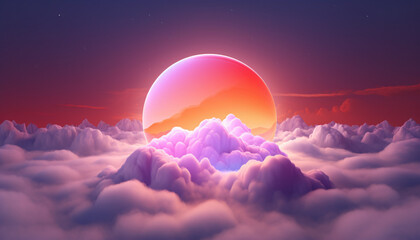 3D sun Circle with Cloud and Neon Background