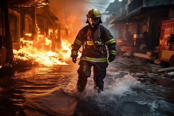 fireman using water and extinguisher to fighting with fire flame in an emergency situation., under danger situation all firemen wearing fire fighter suit for safety. - obrazy, fototapety, plakaty