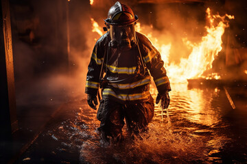 fireman using water and extinguisher to fighting with fire flame in an emergency situation., under danger situation all firemen wearing fire fighter suit for safety.