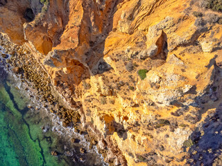 Aerial view landscape, Portugal Algarve Lagos. Drone view of magnificent ocean, rocks and nature. 