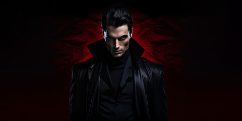 Fototapeta na wymiar Gothic Vampire: Male Vampire in Dark Leather on Red Halloween Background