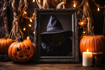 Halloween-themed mockup poster and photoframe decorated for festival 