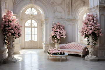 Fototapeta premium Exquisite palace interior design featuring elegant pink rose decorations 