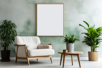 Comfortable furniture and home decoration in living room with empty poster 