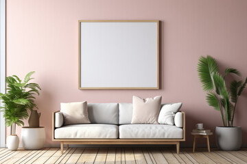 Comfortable furniture and home decoration in living room with empty poster 