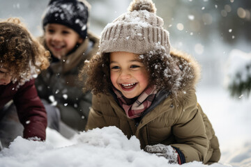 Fototapeta na wymiar Children construct a snowman in the midst of falling snow 