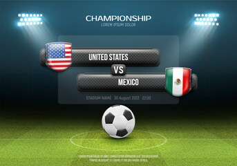 Sport scoreboard with result and match summary on green field background. Vector template for your design.