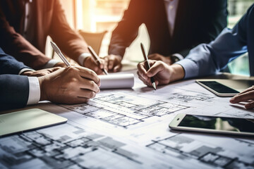 Architects and engineers discussing at table. Person's engineer hand drawing plan on blue print. teamwork and workflow construction concept. - obrazy, fototapety, plakaty