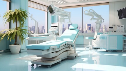 Modern medical office with comfortable couches and chairs. Reception of patients. Examination in a medical office, design without people. Bright room. Styrile cleanliness