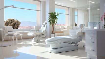 Modern medical office with comfortable couches and chairs. Reception of patients. Examination in a medical office, design without people. Bright room. Styrile cleanliness - obrazy, fototapety, plakaty
