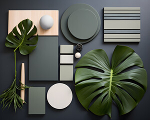 Minimalistic Dark  MoodBoard Mockup Layout with Monstera Leaves