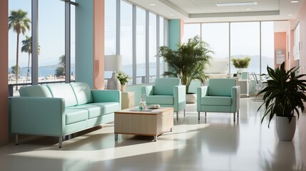 Modern medical office with comfortable couches and chairs. Reception of patients. Examination in a medical office, design without people. Bright room. Styrile cleanliness