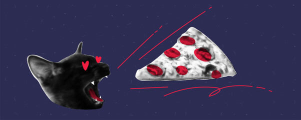 A collage on the theme of loving pizza. A cat with an open mouth. Pizza is flying into his mouth. Grunge background with minimalistic noise . Vector halftone illustration.