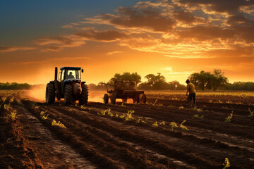 Agricultural workers with tractors. Ploughing a field with tractor at sunset