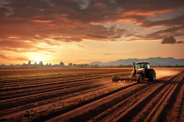 Fototapeta premium Agricultural workers with tractors. Ploughing a field with tractor at sunset