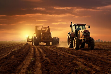 Agricultural workers with tractors. Ploughing a field with tractor at sunset - obrazy, fototapety, plakaty