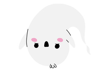 Halloween little ghost spirit in cartoon cute kawaii style. Cartoon funny smiling samhain ghost. Trick or treat stock flat illustration isolated on white backgroung.
