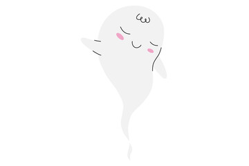 Halloween little ghost in cartoon kawaii cute style. Cartoon funny smiling samhain ghost. Trick or treat stock flat illustration isolated on white backgroung.