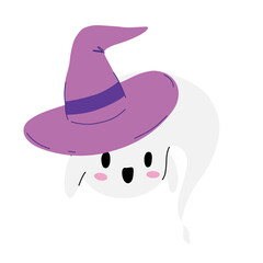 Halloween little ghost in witch hat cartoon cute kawaii style. Cartoon funny smiling samhain ghost. Trick or treat stock falt illustration isolated on white backgroung.