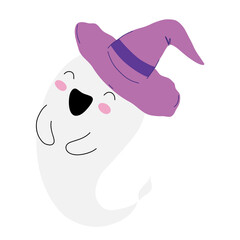 Halloween little ghost in witch hat cartoon cute kawaii style. Cartoon funny smiling samhain ghost. Trick or treat stock falt illustration isolated on white backgroung.