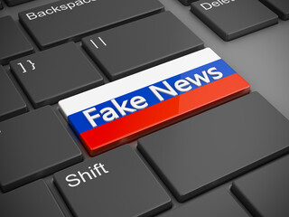 A button on the keyboard with the Russian flag and the inscription Fake News. 3D rendering.