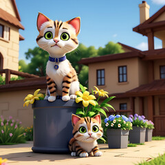 3D Renderinga  cartoon cat sitting on a pot with flowers Ai Generate