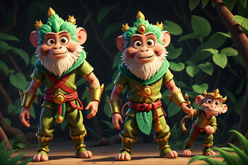 3D Rendering a Group of Monkey King Cartoon Characters Ai Generate